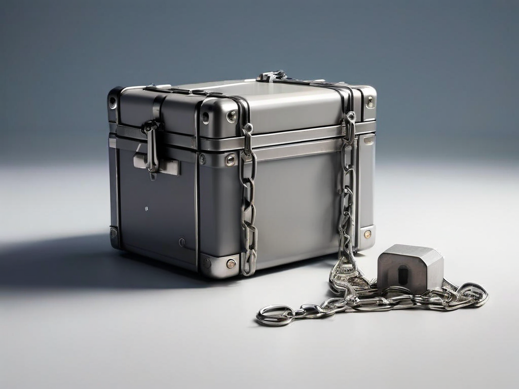 A sealed metal case and chain rest beside small blocks representing file locations, illustrating delivery address correction.