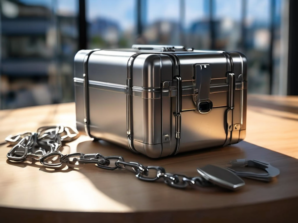A sealed metal case beside a short chain and small blocks representing file locations on a brushed steel surface.