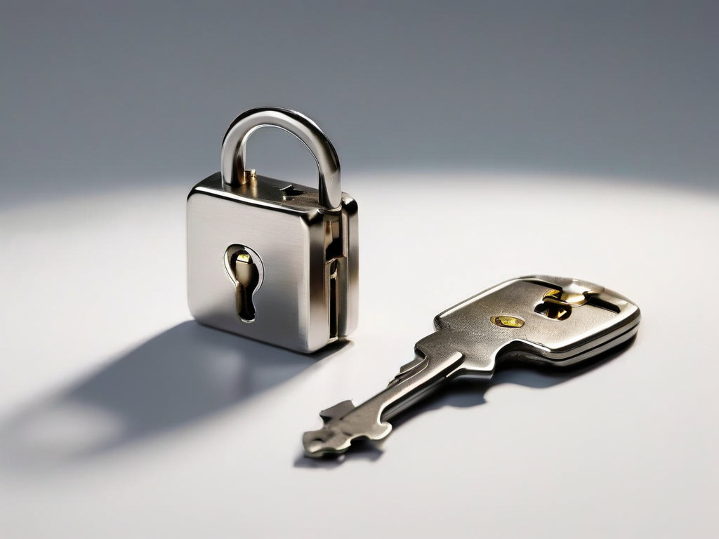Small metal lock, closed key case, and blank security card on gray studio surface for account safety preparation.