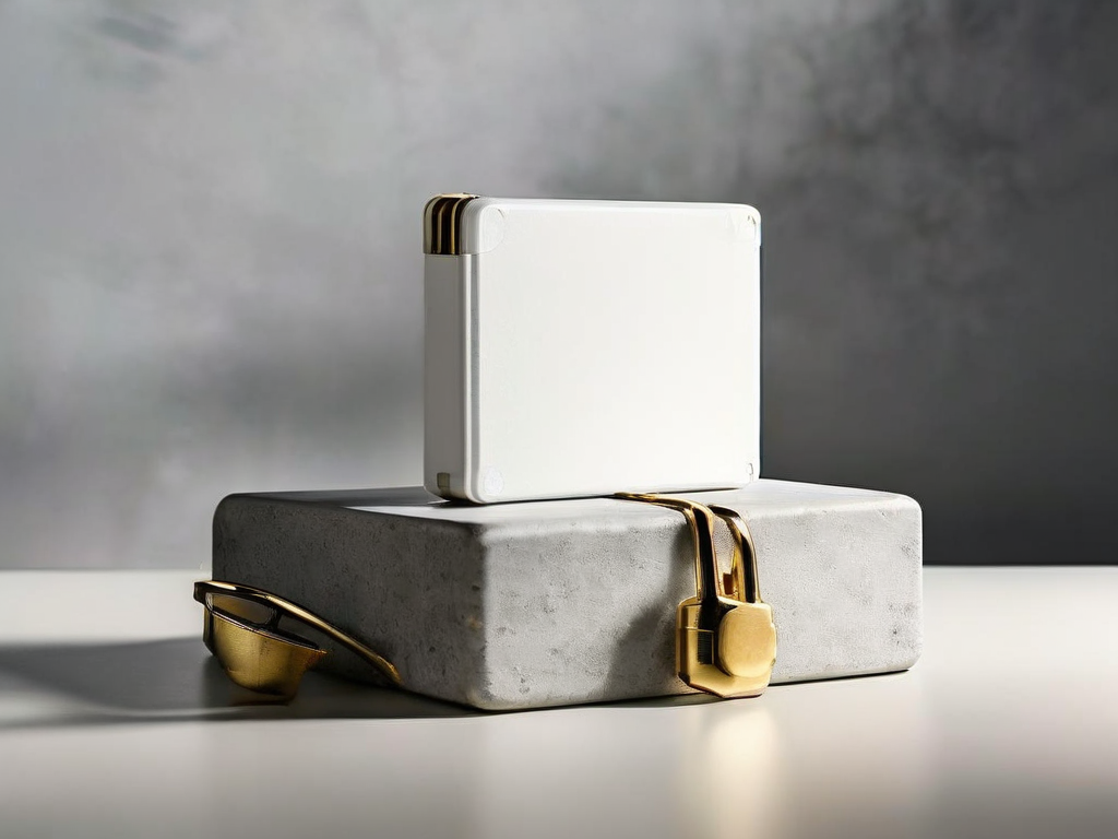 Stack of blank cards and a small lock beside a sealed storage block on a stone counter.