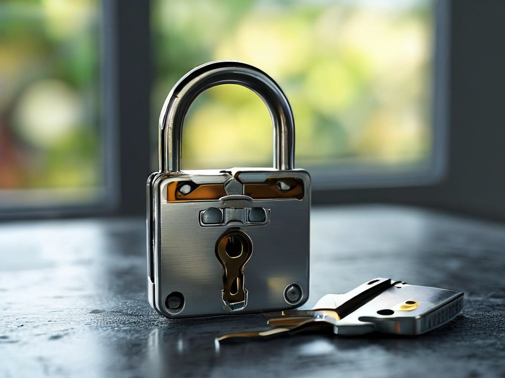 Blank security card, closed key case, and small metal lock arranged on brushed metal surface for account safety preparation.